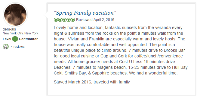 Anne S 5 Star review, Picara Pearl Villa & Suites Magens Bay