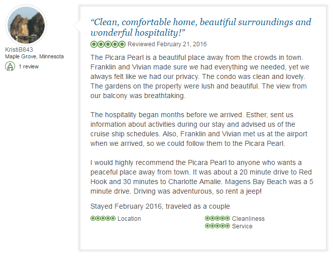Kristi B 5 Star review, Picara Pearl Villa, St. Thomas, U.S. Virgin Islands